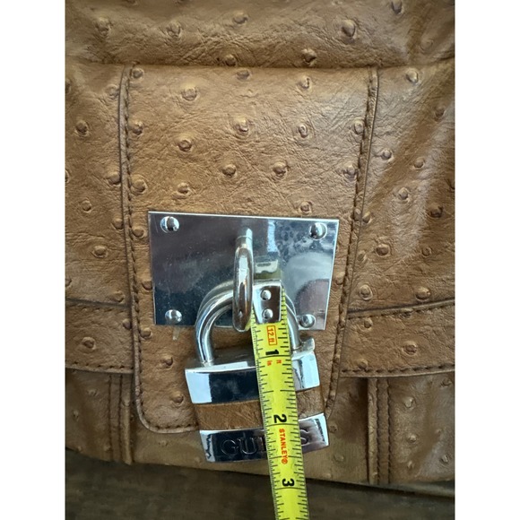 Vintage 80s GUESS Large Ostrich Embossed Satchel Handbag Brown Large Lock Detail - Picture 12 of 15
